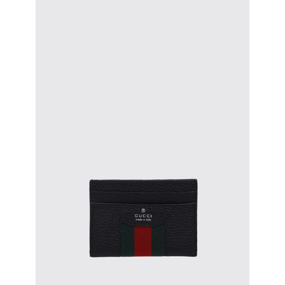 Gucci Men Gucci Flat Card Holder In Hammered Leather With Web Detail